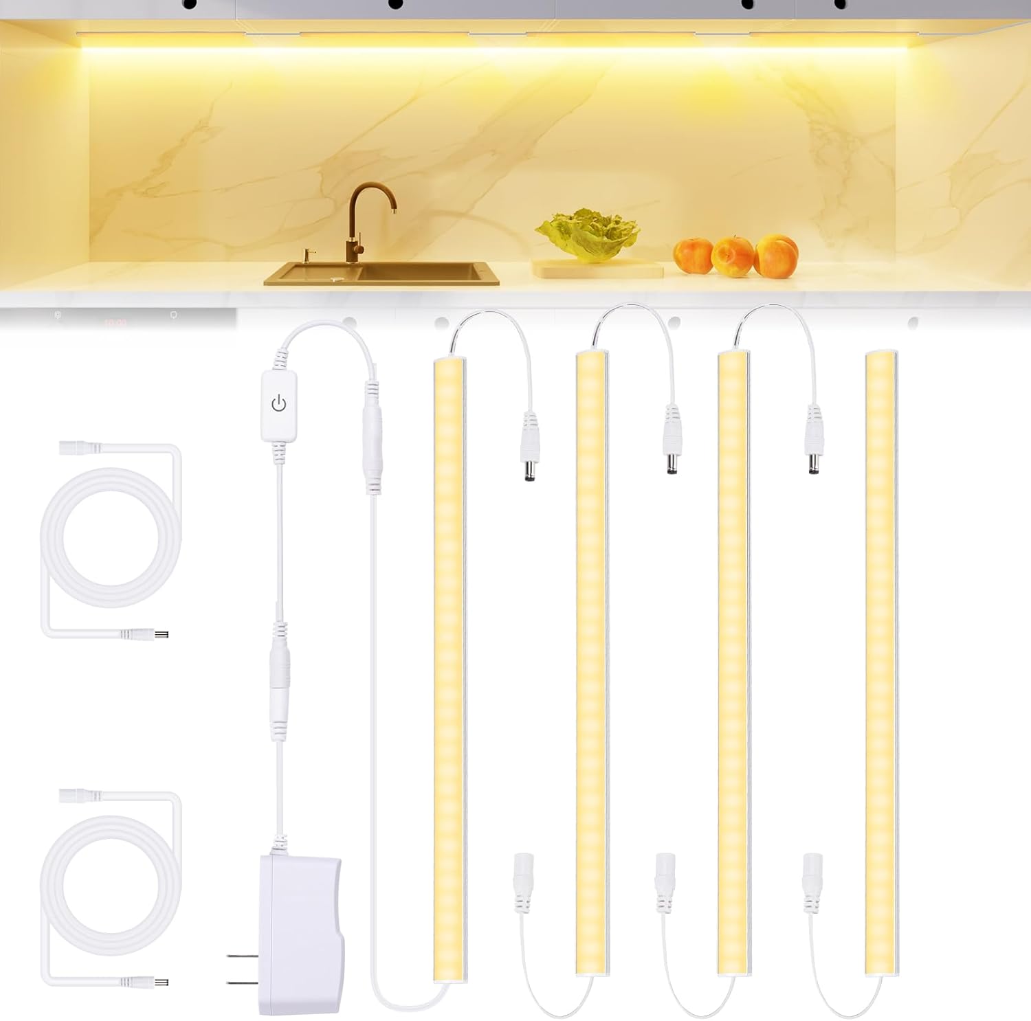 JUSJUBR Under Cabinet Lights Plug-in, 4 Pack x 12inch Warm White 3000K LED Under - Image 1