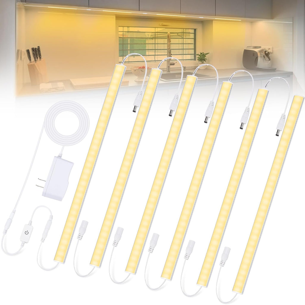 6PCS x 12 Inch Under Cabinet Lights Plug-in, Warm White 3000K Dimmable LED Under - Image 1