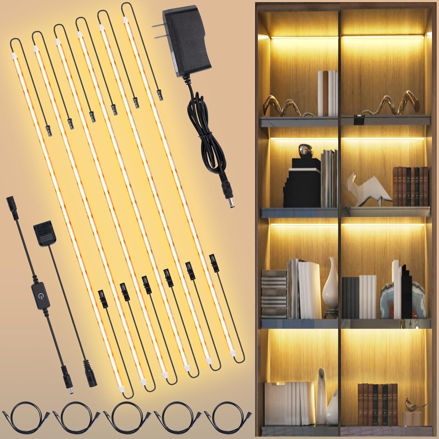 JUSJUBR Shelf Lights, 6 PCS 20 Inch Dimmable Flexible COB LED Light Strips, Warm - Image 1