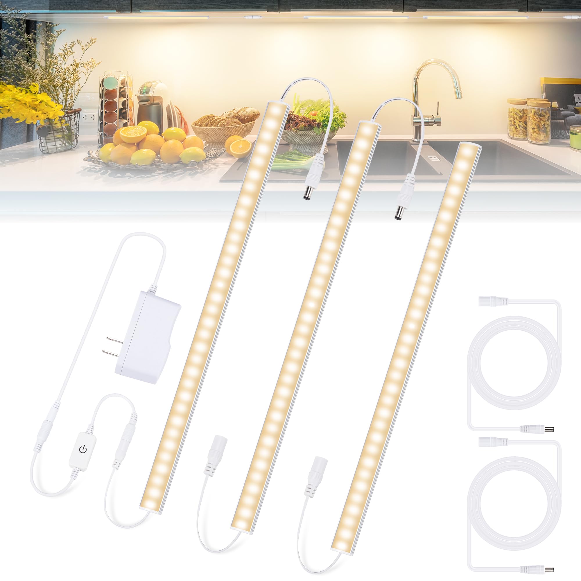 Under Cabinet Lights, 12 Inch Dimmable LED Under Cabinet Lighting, Natural White 4000K, Slim Under-Counter Light Fixtures with Memory Function, Under Counter Lights for Kitchen, Desk Light Bar