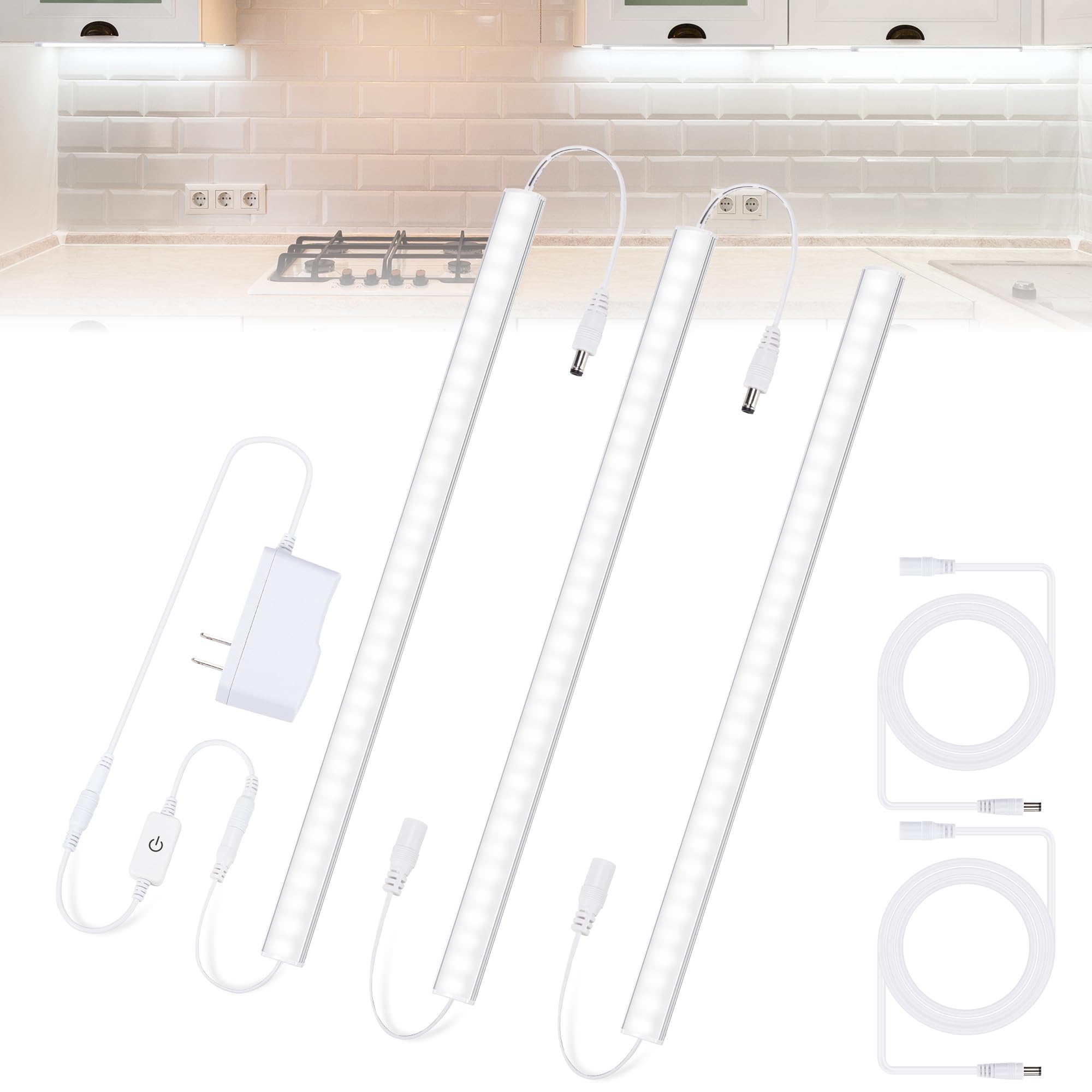Under Cabinet Lights, 12 Inch Dimmable LED Under Cabinet Lighting, Natural White 4000K, Slim Under-Counter Light Fixtures with Memory Function, Under Counter Lights for Kitchen, Desk Light Bar