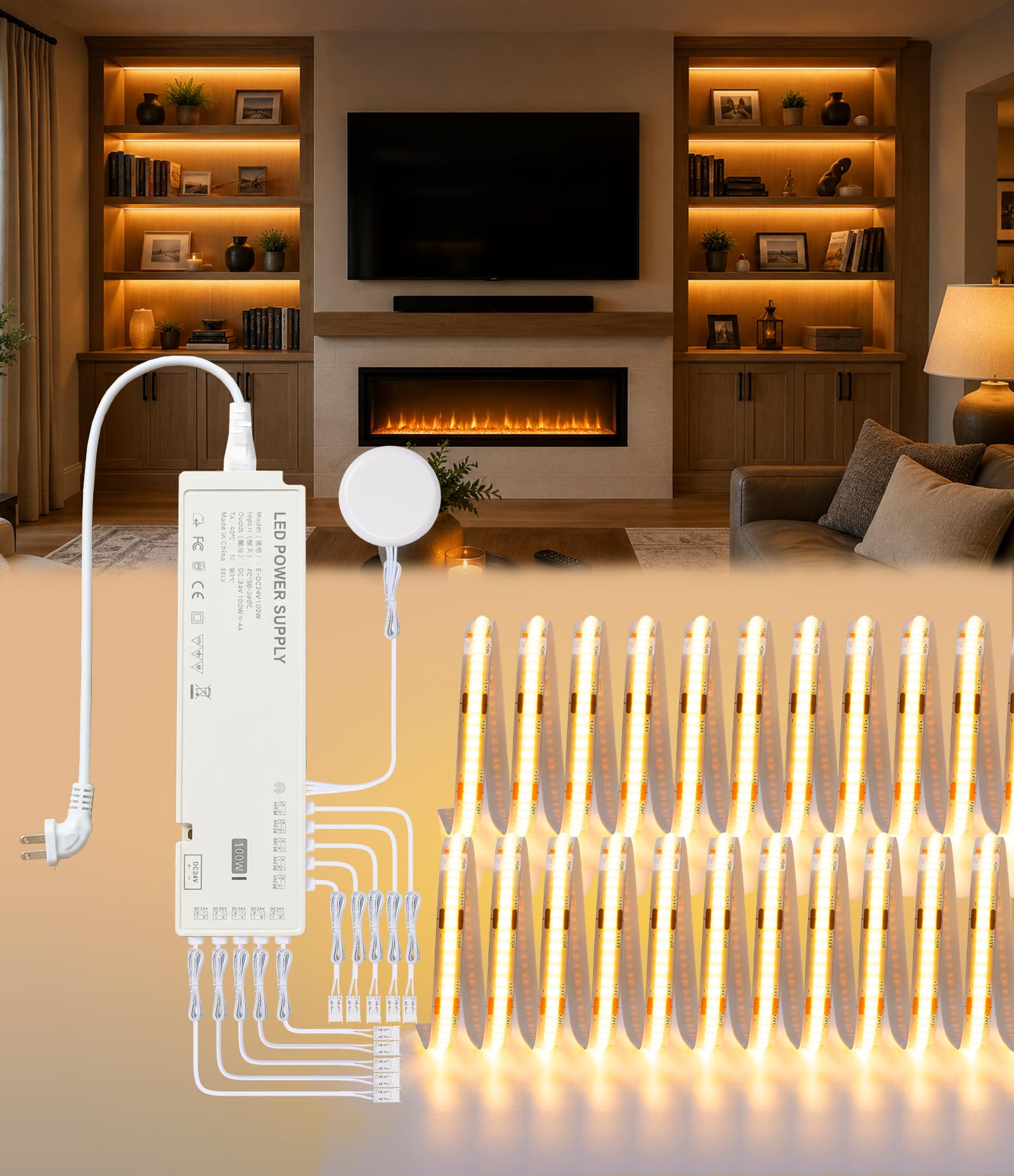 JUSJUBR Shelf Lighting, 32.8ft 24V Dimmable Cuttable COB LED Strip Lights, Warm White 3000K, LED Lights for Shelves, Cabinets, Bookshelves, Display Cases, Closets, Wall Panels and Kitchens