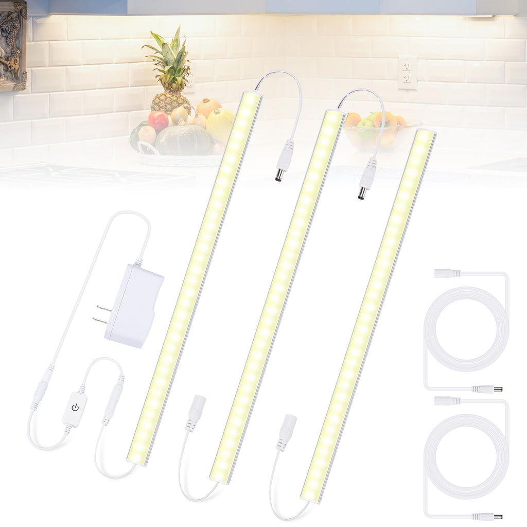 Under Cabinet Lights Plug in, 3 Pcs 12 Inch Thin Under Cabinet Lighting, Natural White Under Counter Lights for Kitchen, Dimmable LED Light Bar for Cabinet, Counter, Workbench, Desk Visit the JUSJUBR Store