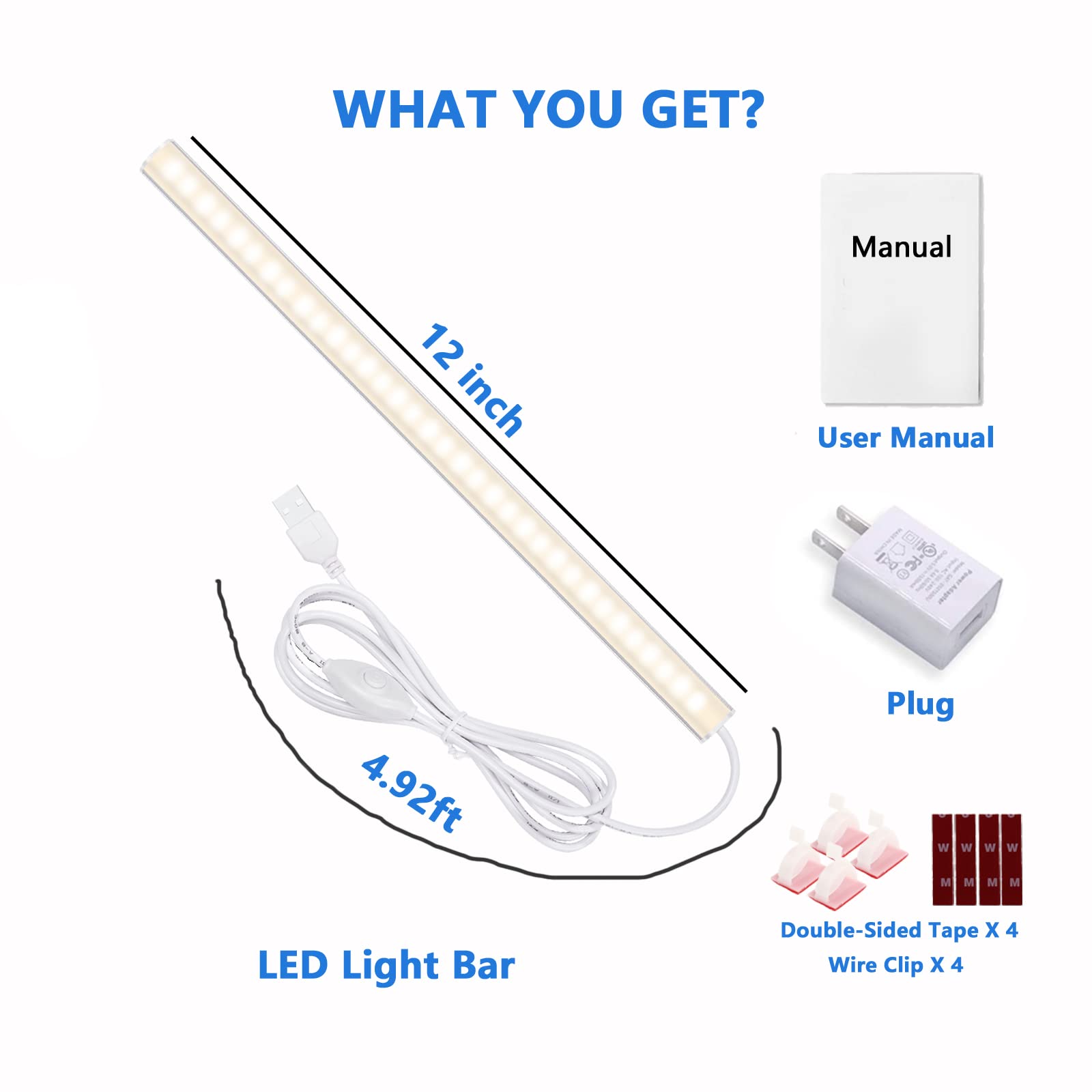 Under Cabinet Lights, 12 Inch Dimmable LED Under Cabinet Lighting, Natural White 4000K, Slim Under-Counter Light Fixtures with Memory Function, Under Counter Lights for Kitchen, Desk Light Bar